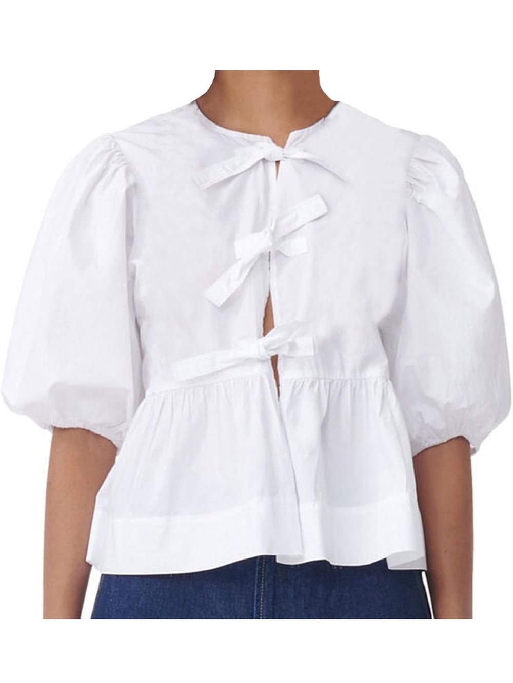 White Puff-Sleeve Tie-Front Peplum Top